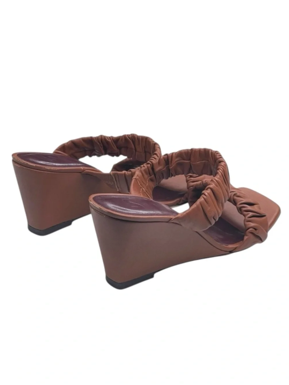 Staud 𒀭 Frankie Ruched 2 Strap Wedge Heel Sandals 𒀭Brown Leather 𒀭36 5.5M 6M